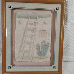 Southwestern framed paper art mixed media vtg adobe building Fiji Graphics PC102